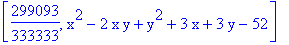 [299093/333333, x^2-2*x*y+y^2+3*x+3*y-52]